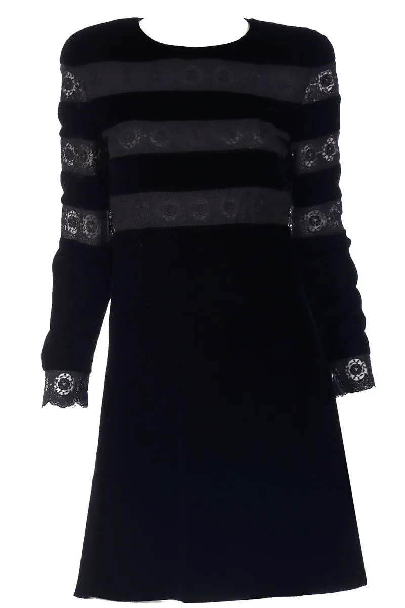 1980s Valentino Night Black Velvet & Lace Party Dress
