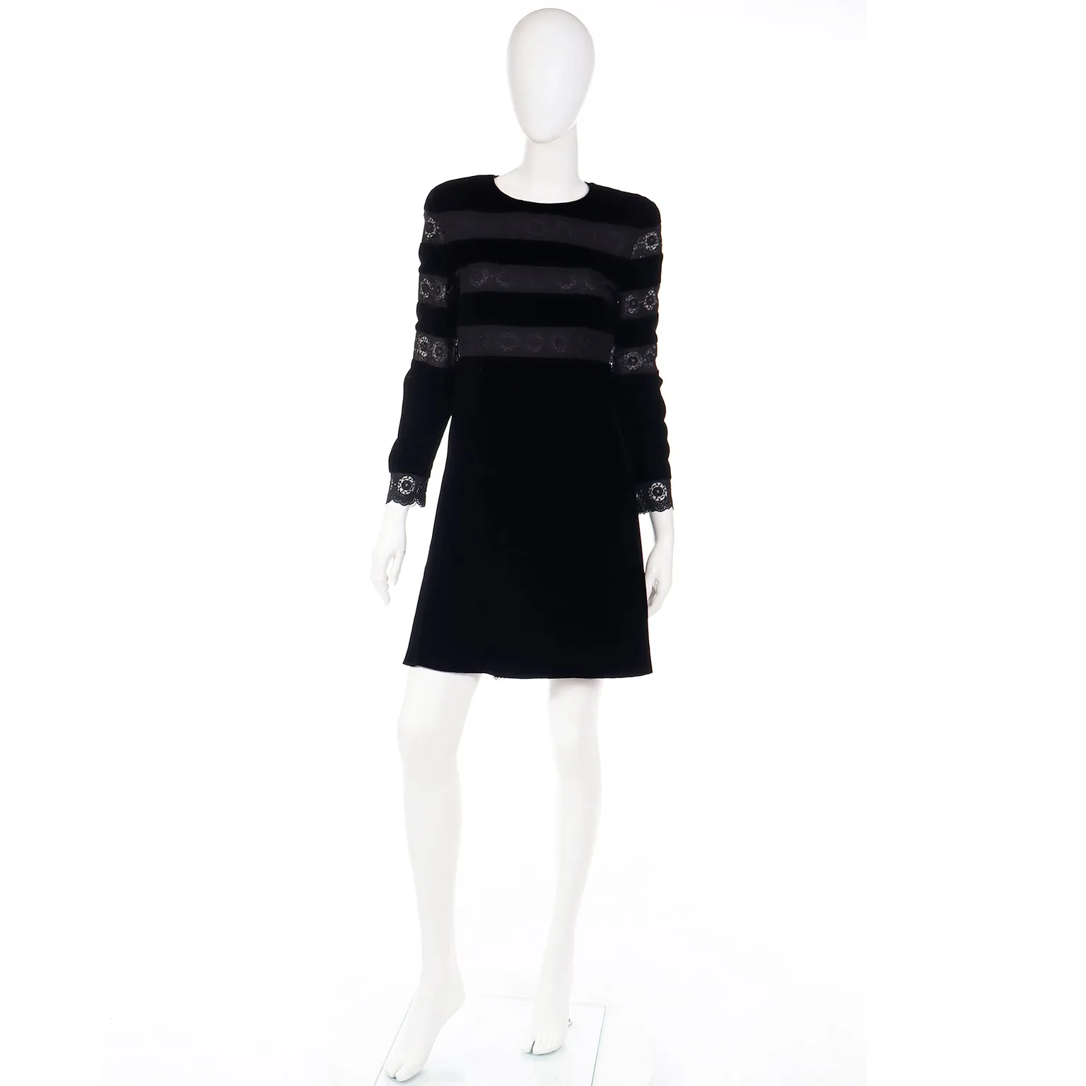 1980s Valentino Night Black Velvet & Lace Party Dress