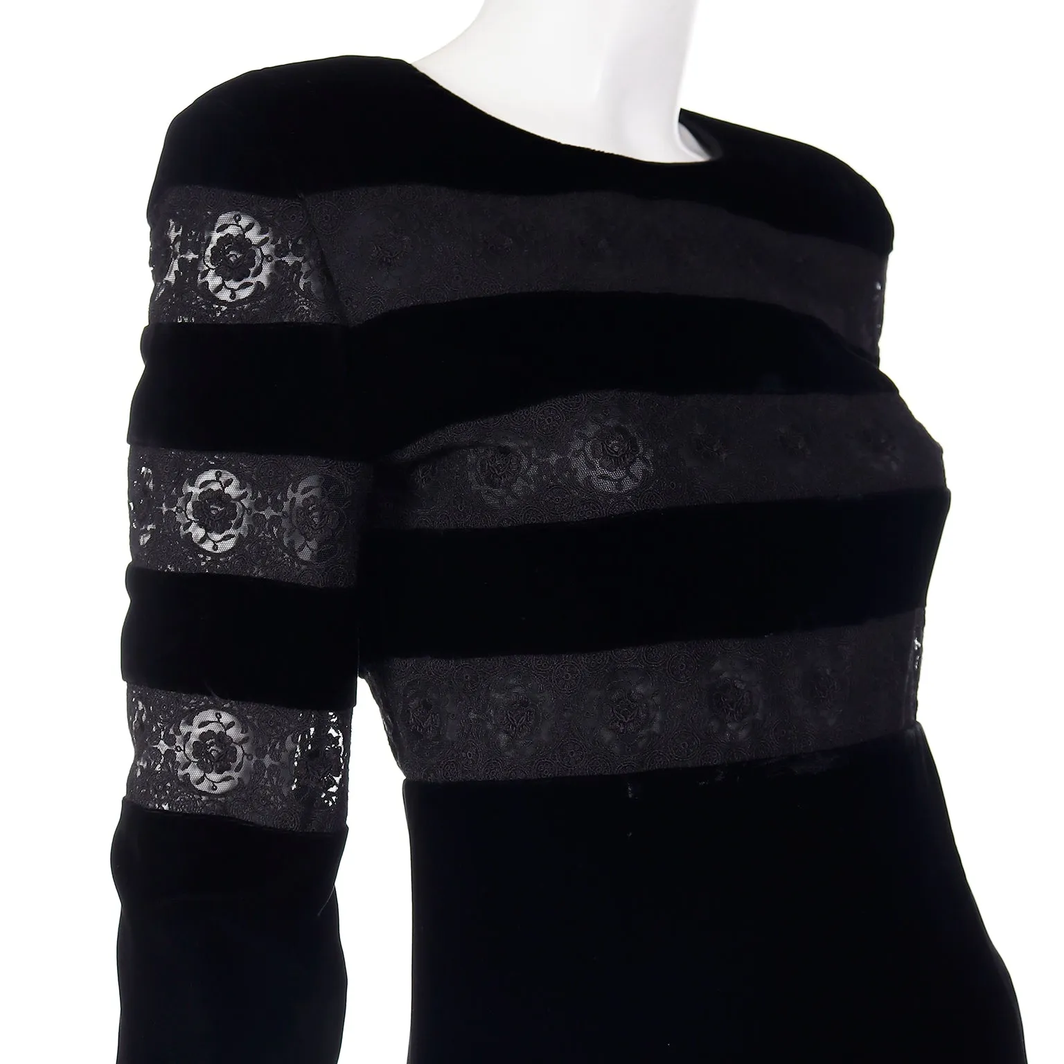 1980s Valentino Night Black Velvet & Lace Party Dress