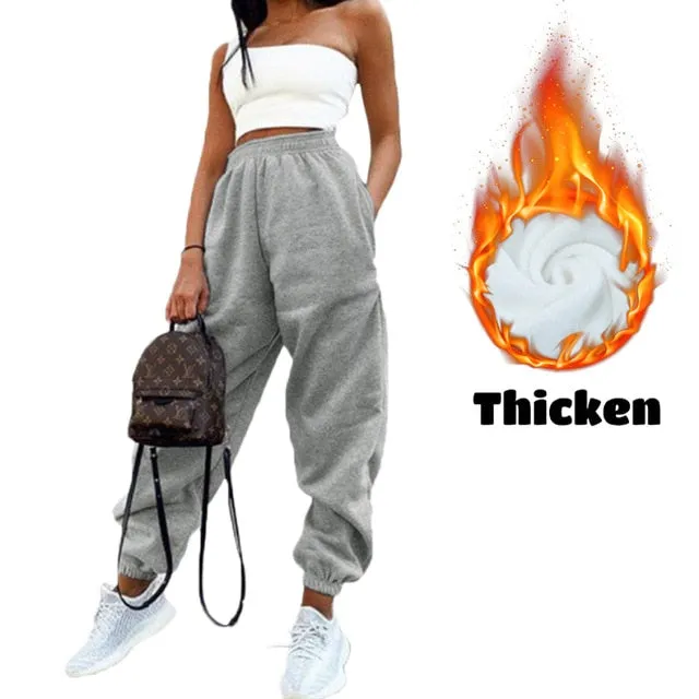 2021 Women's Sexy High Waist Loose Fleece Sweatpants With Pockets Korean Style Sizes S -2XL