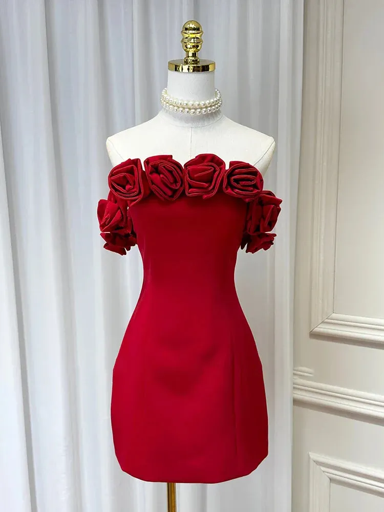 3D Flower Off-Shoulder Charming Tube Mini Dress
