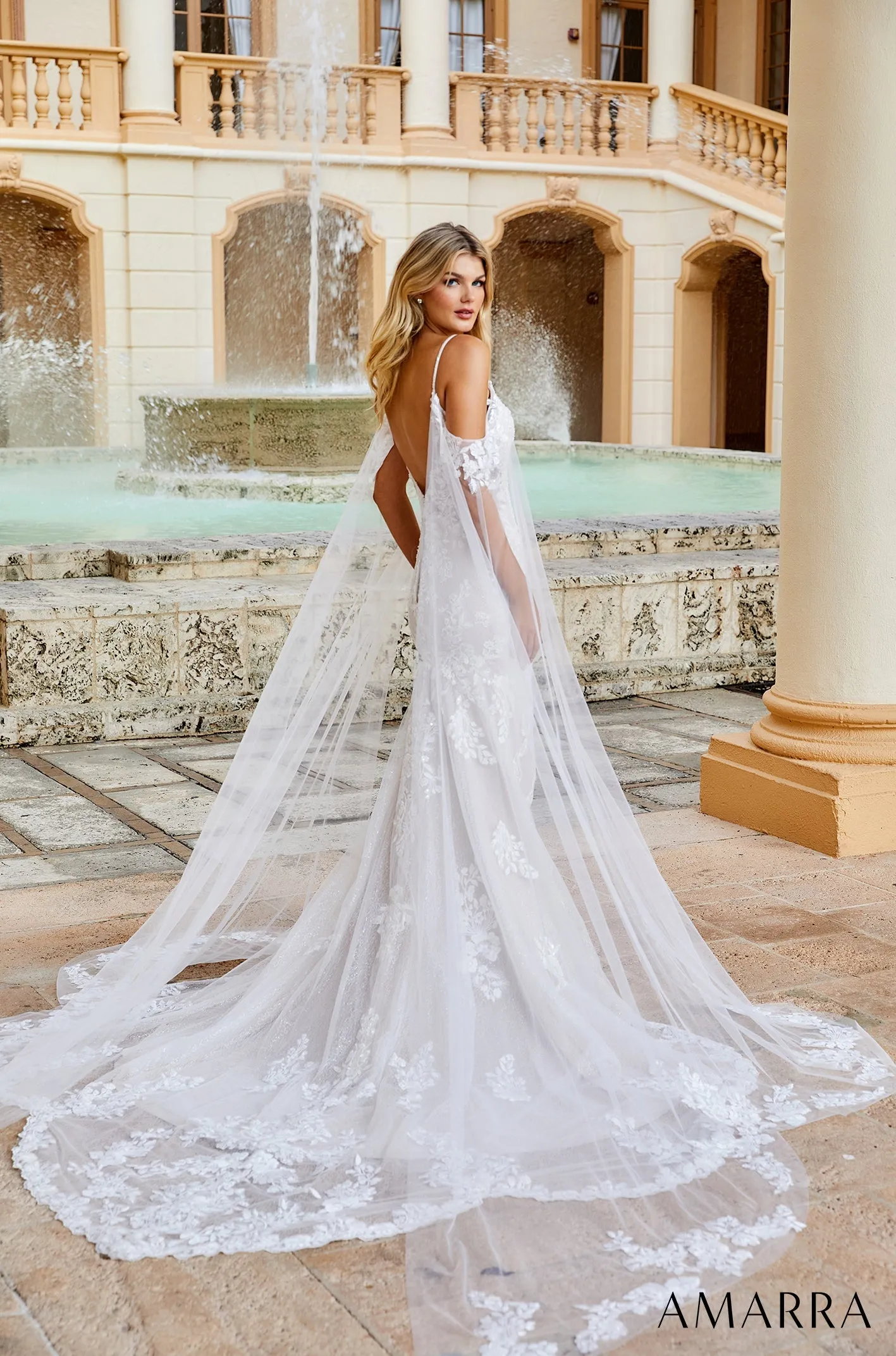 Amarra Bridal "Elizabeth" 84377 Size 10 Sequin Lace Fitted Wedding Dress Cape Sleeve Bridal off the shoulder