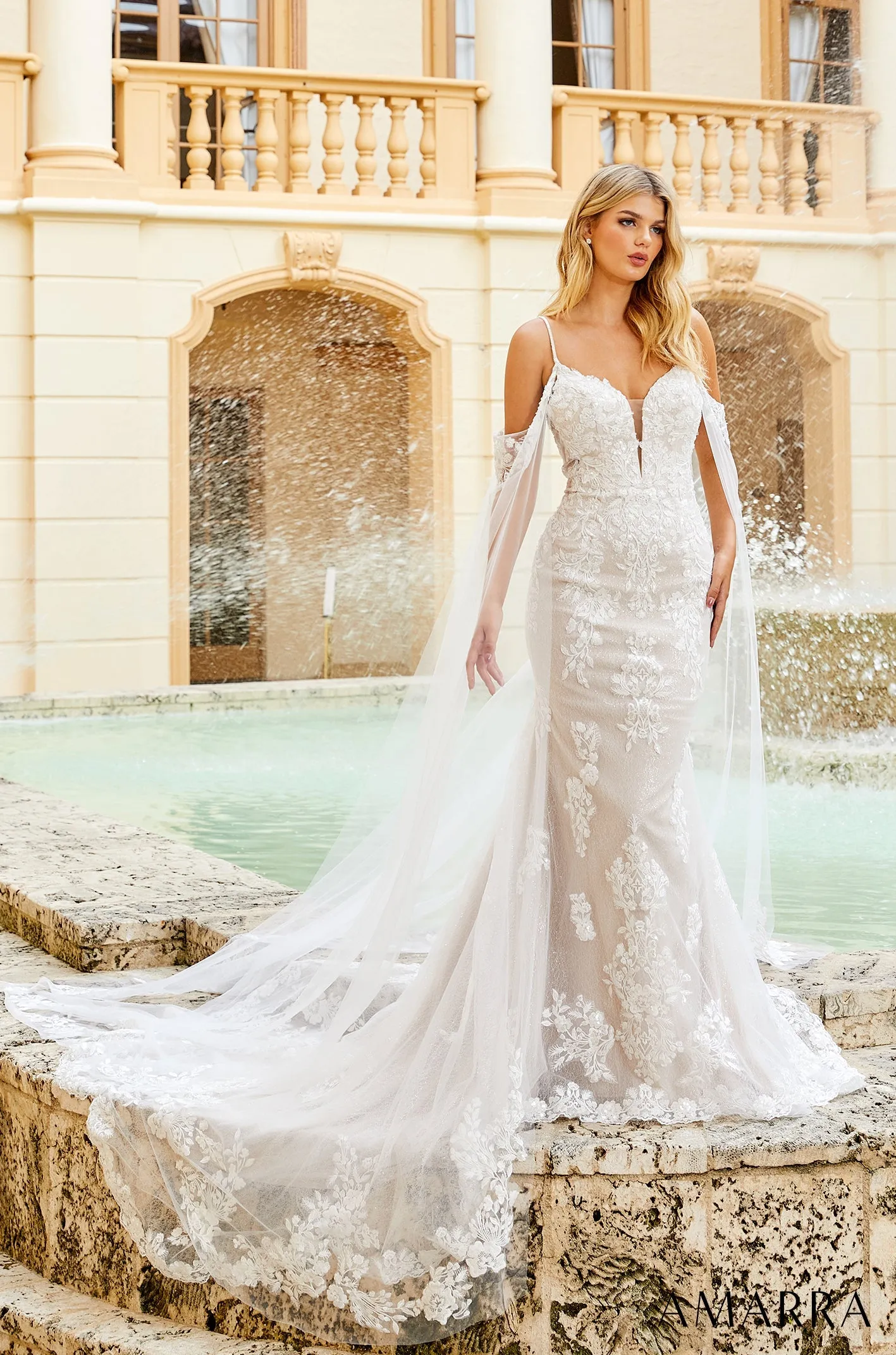 Amarra Bridal "Elizabeth" 84377 Size 10 Sequin Lace Fitted Wedding Dress Cape Sleeve Bridal off the shoulder