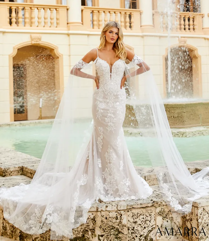 Amarra Bridal "Elizabeth" 84377 Size 10 Sequin Lace Fitted Wedding Dress Cape Sleeve Bridal off the shoulder