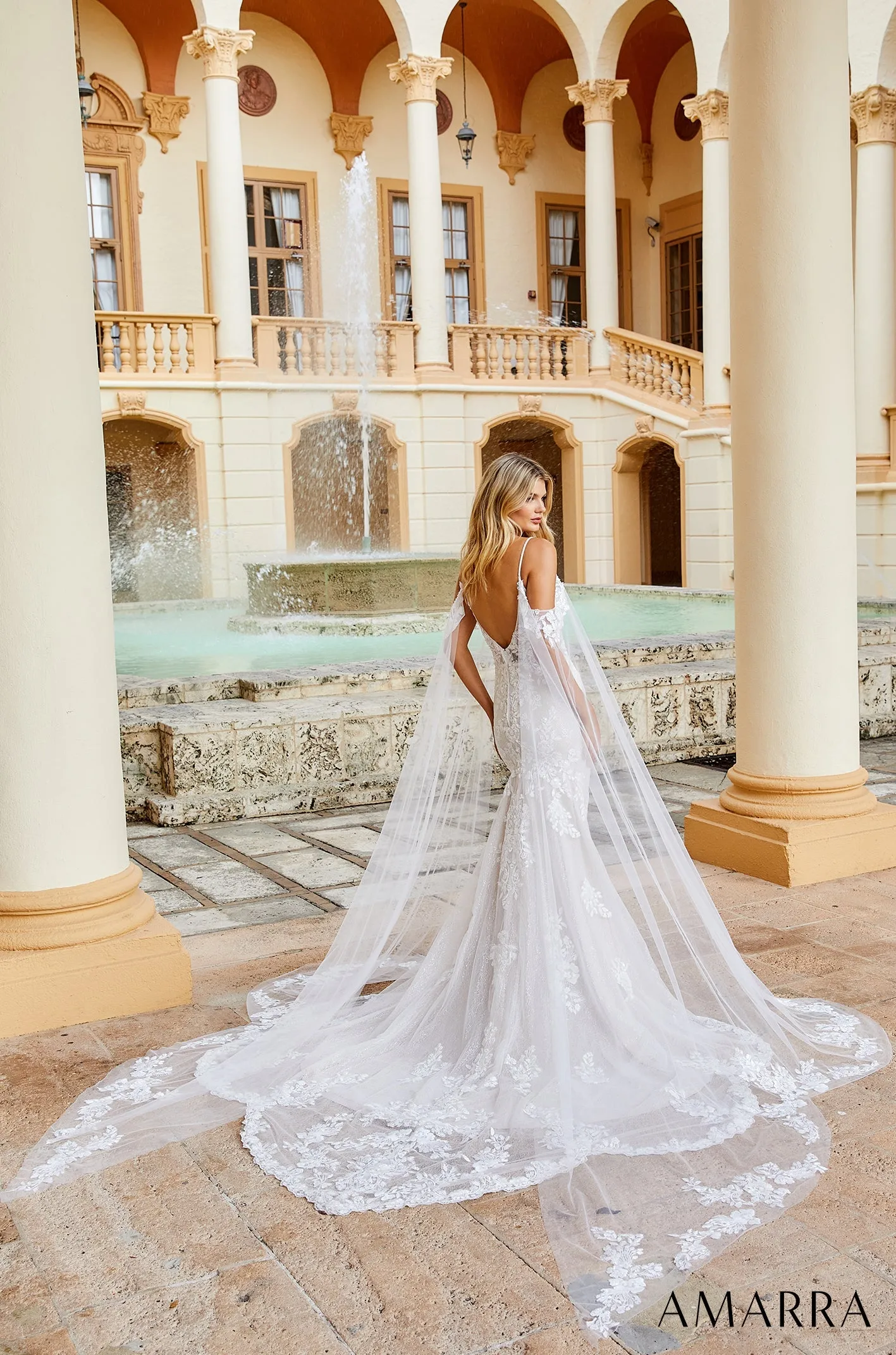 Amarra Bridal "Elizabeth" 84377 Size 10 Sequin Lace Fitted Wedding Dress Cape Sleeve Bridal off the shoulder