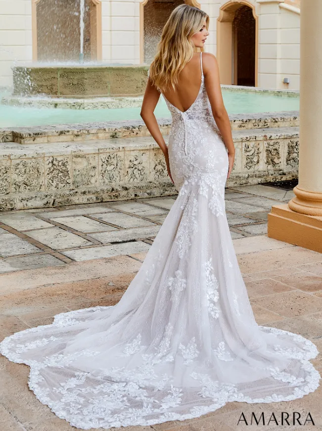 Amarra Bridal "Elizabeth" 84377 Size 10 Sequin Lace Fitted Wedding Dress Cape Sleeve Bridal off the shoulder