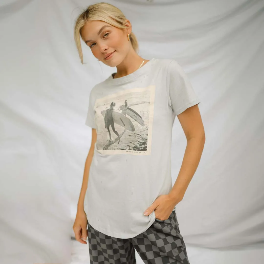 Basic Crew Neck Tee, Light Grey Surfer Graphic
