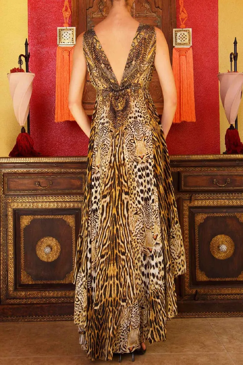 Black and Gold Cheetah High Low Dress