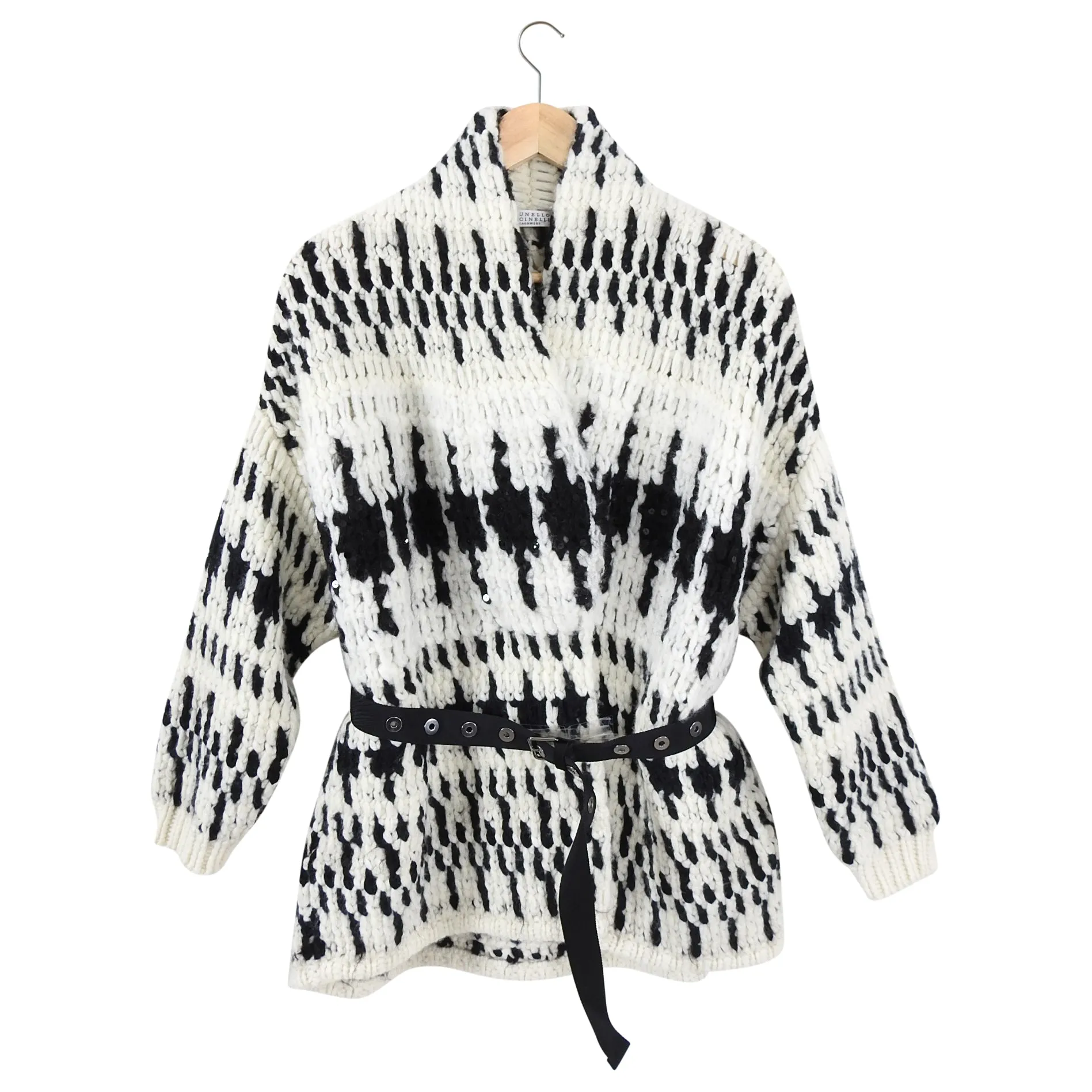 Brunello Cucinelli Black Ivory Chunky Belted Sweater Coat - XS / S