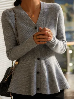 Button-Down Ribbed Knit Peplum Cardigan