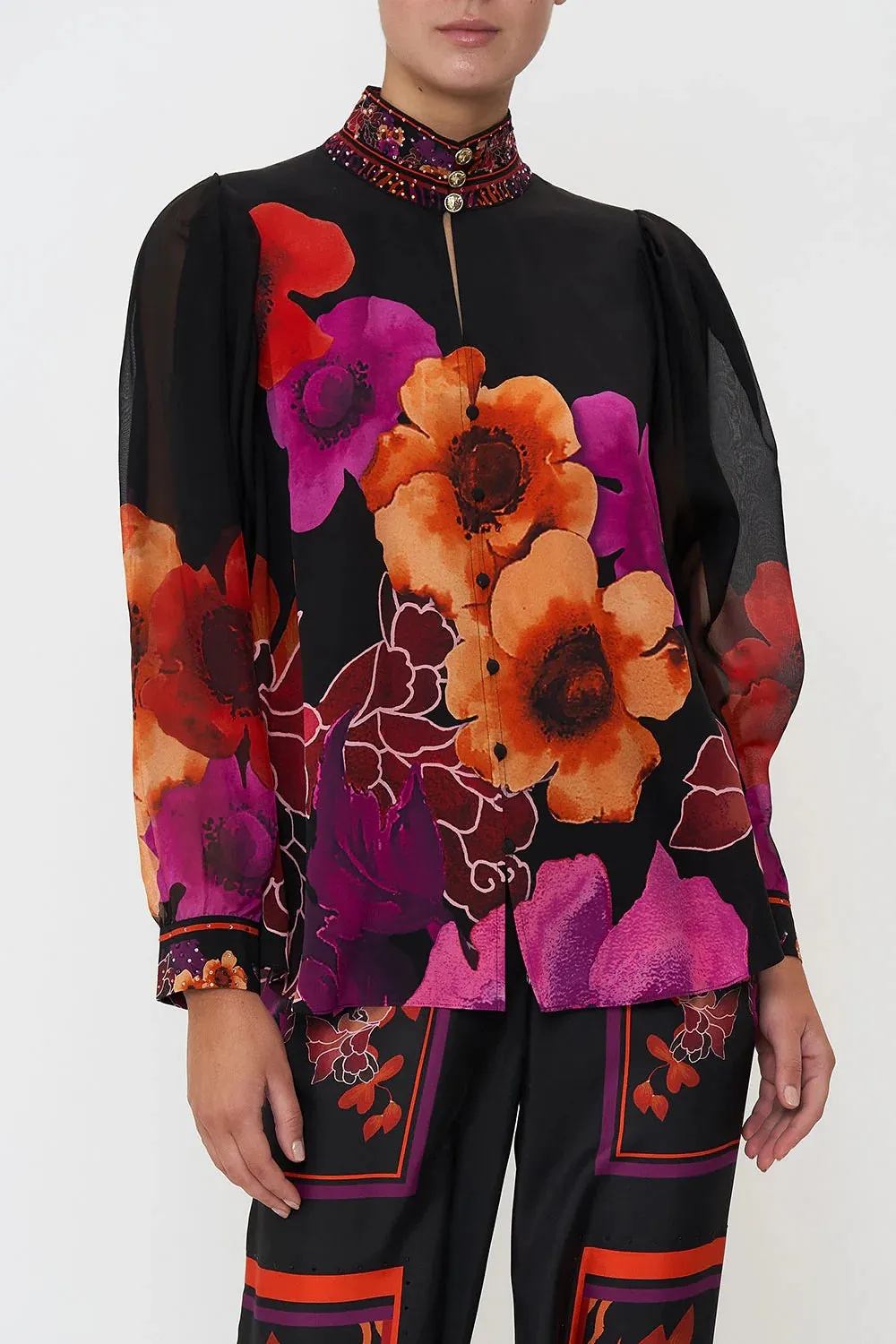 CAMILLA MIDNIGHT POPPY DROP SLEEVE BLOUSE