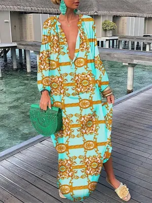 Casual Dress Shirt Dress Shift Dress Long Dress Maxi Dress Yellow Fuchsia Long Sleeve Floral Button Winter Fall Deep V Mature Winter Dress Weekend Fall Dress Loose Fit  S M L XL XXL 3XL for Women