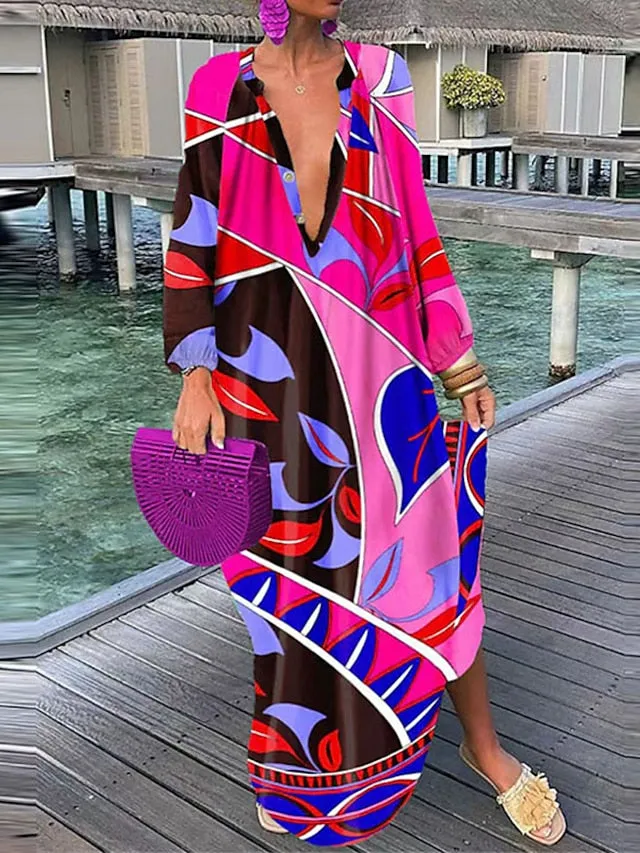 Casual Dress Shirt Dress Shift Dress Long Dress Maxi Dress Yellow Fuchsia Long Sleeve Floral Button Winter Fall Deep V Mature Winter Dress Weekend Fall Dress Loose Fit  S M L XL XXL 3XL for Women