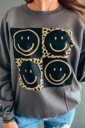 Charcoal Leopard Block Smiley Sweatshirt
