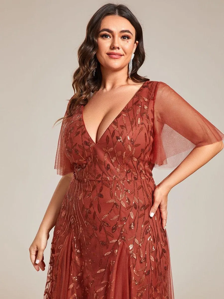 Custom Size V Neck Ruffle Sleeves Sequin Maxi Formal Evening Dress