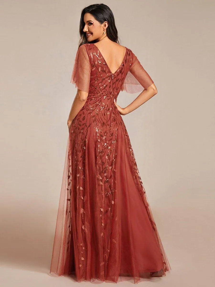 Custom Size V Neck Ruffle Sleeves Sequin Maxi Formal Evening Dress