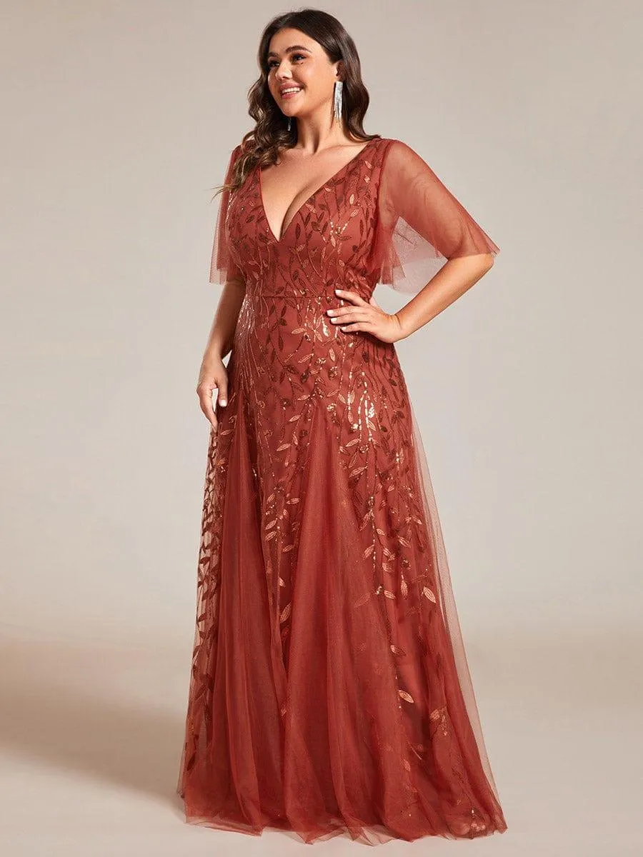 Custom Size V Neck Ruffle Sleeves Sequin Maxi Formal Evening Dress