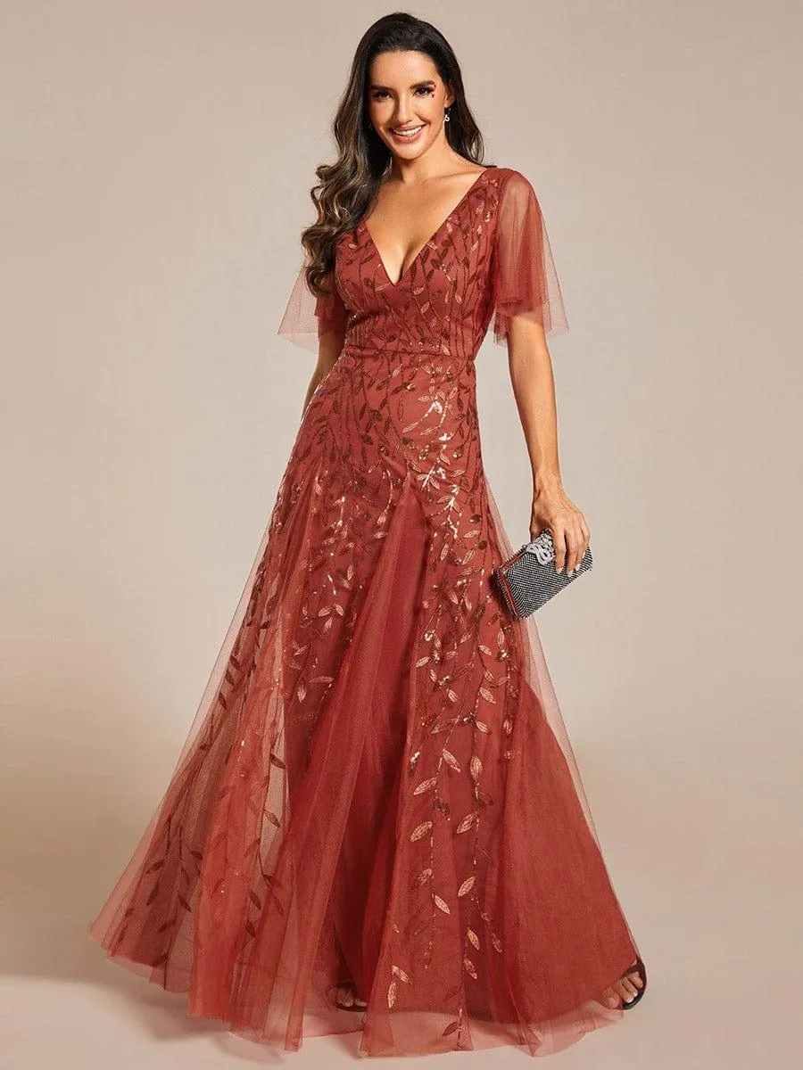 Custom Size V Neck Ruffle Sleeves Sequin Maxi Formal Evening Dress