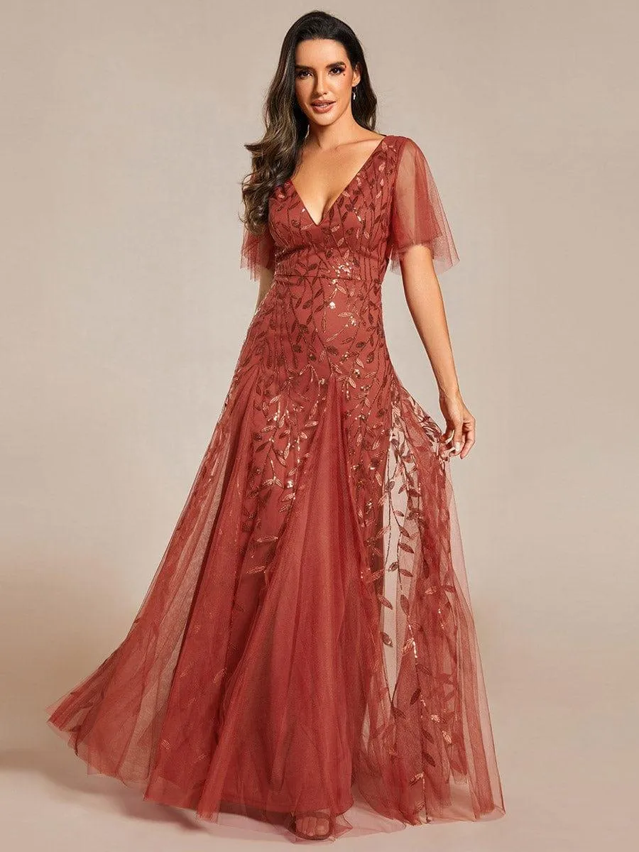 Custom Size V Neck Ruffle Sleeves Sequin Maxi Formal Evening Dress