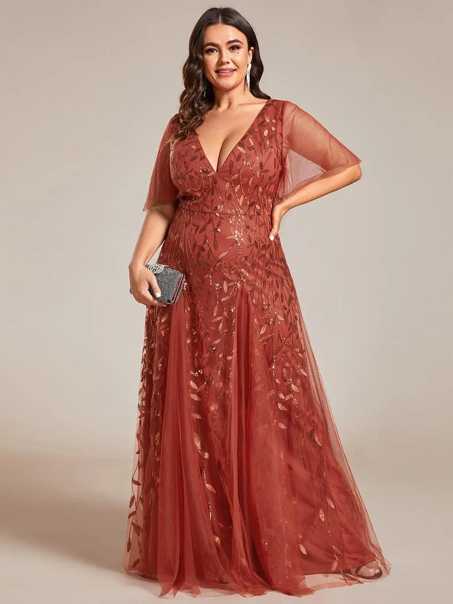 Custom Size V Neck Ruffle Sleeves Sequin Maxi Formal Evening Dress