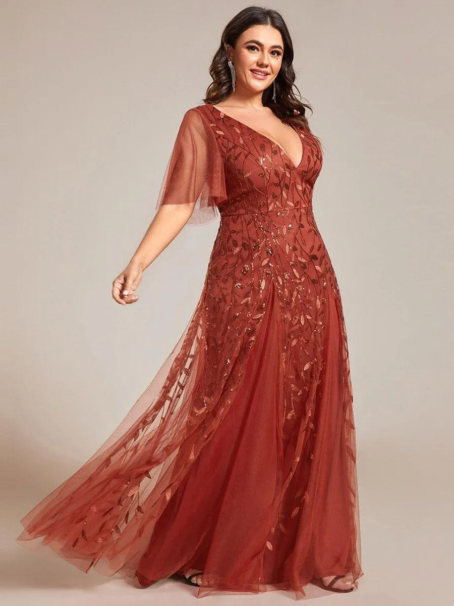 Custom Size V Neck Ruffle Sleeves Sequin Maxi Formal Evening Dress