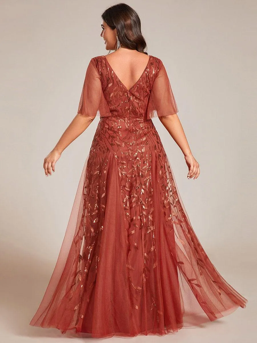 Custom Size V Neck Ruffle Sleeves Sequin Maxi Formal Evening Dress