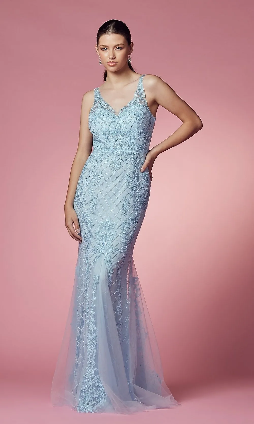 Deep V-Back Long Prom Dress with Beaded Embroidery