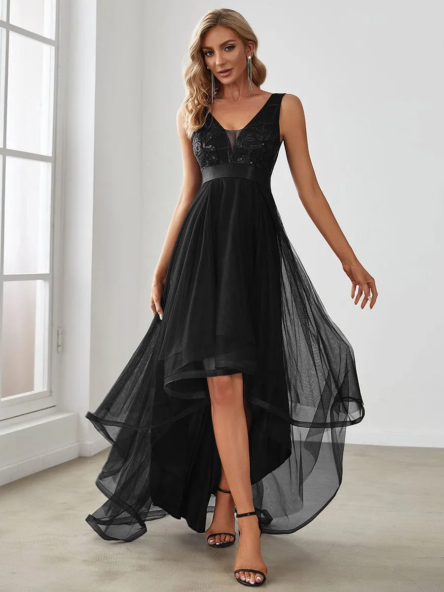 Elegant High-Low Deep V Neck Tulle Evening Dresses with Sequins