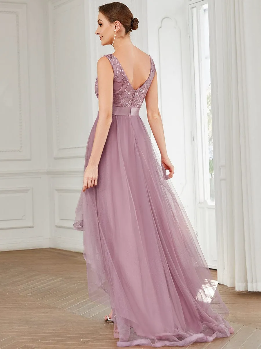 Elegant High-Low Deep V Neck Tulle Evening Dresses with Sequins