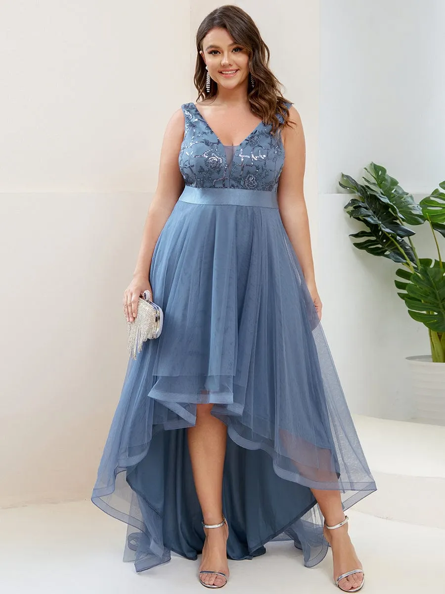 Elegant High-Low Deep V Neck Tulle Evening Dresses with Sequins
