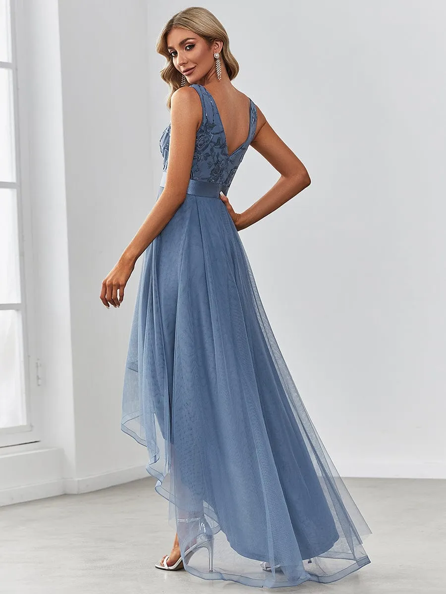 Elegant High-Low Deep V Neck Tulle Evening Dresses with Sequins