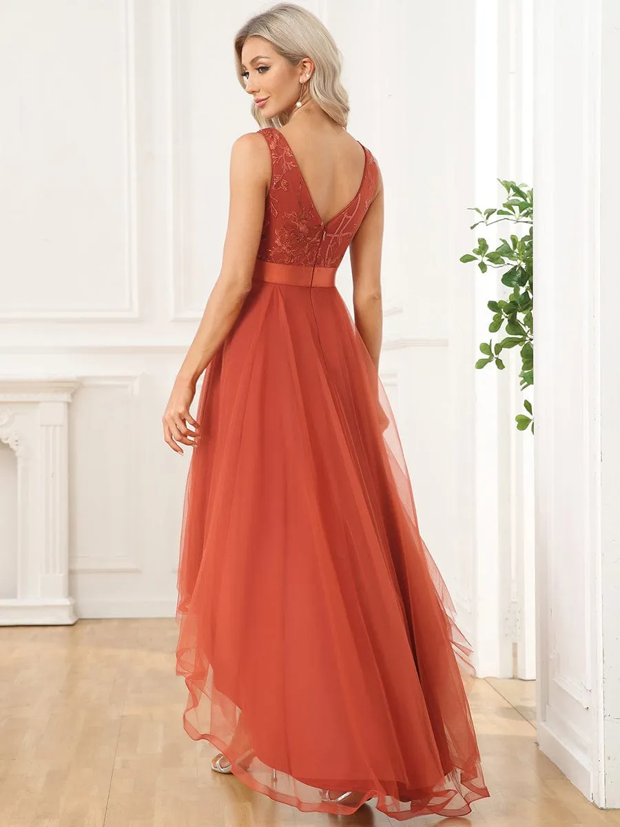 Elegant High-Low Deep V Neck Tulle Evening Dresses with Sequins