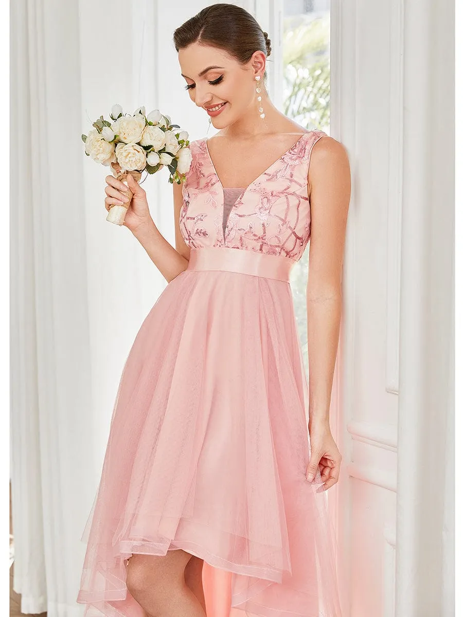 Elegant High-Low Deep V Neck Tulle Evening Dresses with Sequins