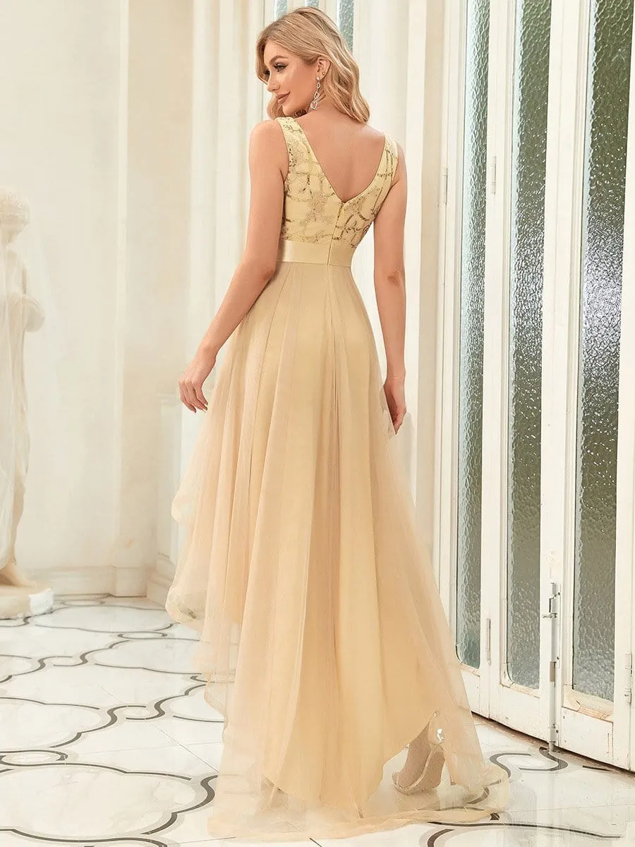 Elegant High-Low Deep V Neck Tulle Evening Dresses with Sequins