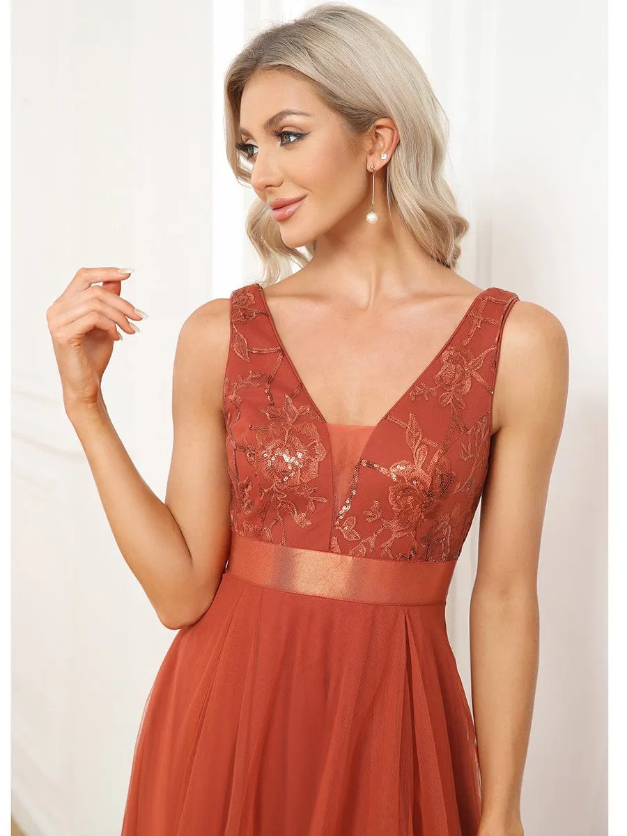 Elegant High-Low Deep V Neck Tulle Evening Dresses with Sequins