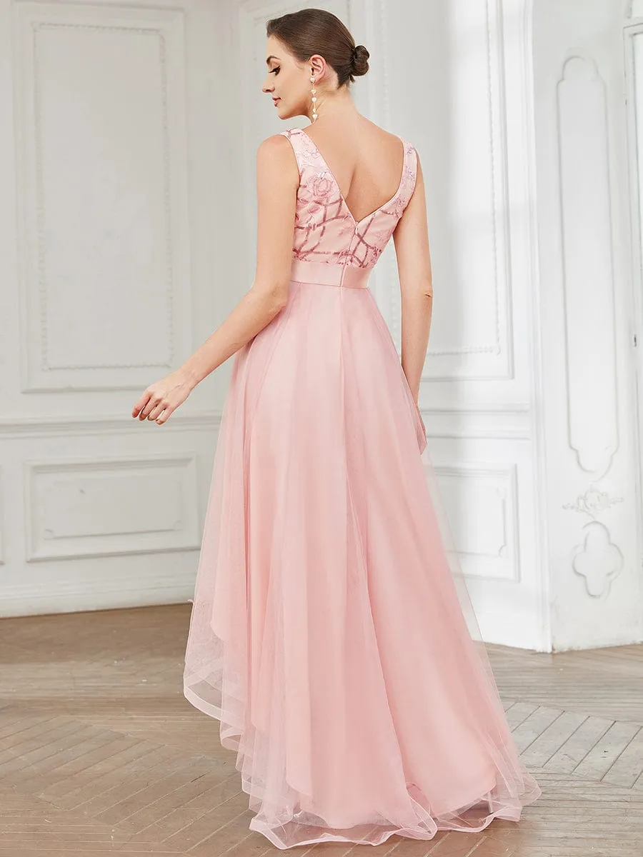 Elegant High-Low Deep V Neck Tulle Evening Dresses with Sequins