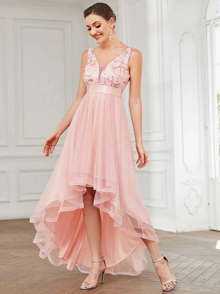 Elegant High-Low Deep V Neck Tulle Evening Dresses with Sequins