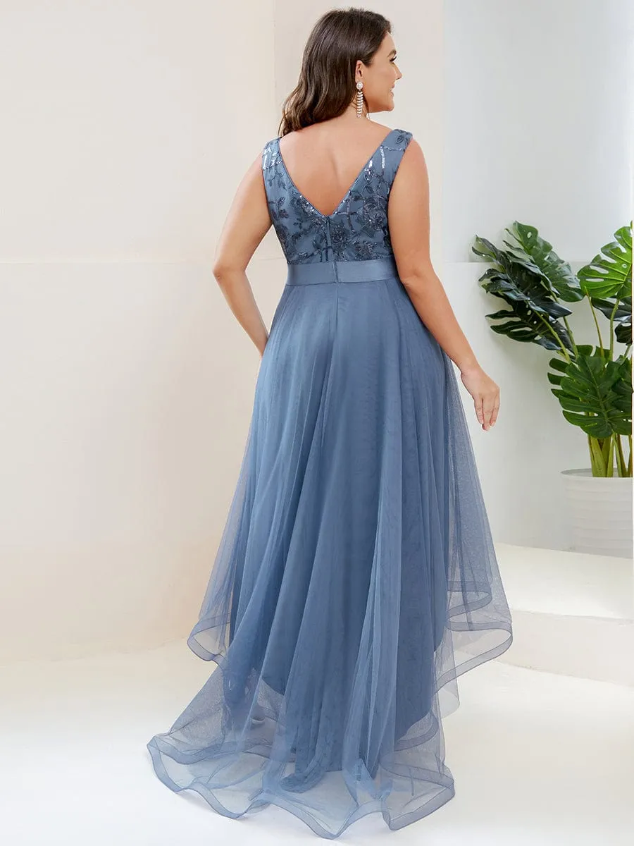 Elegant High-Low Deep V Neck Tulle Evening Dresses with Sequins
