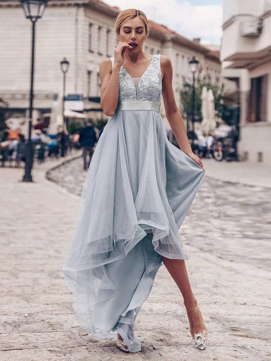Elegant High-Low Deep V Neck Tulle Evening Dresses with Sequins