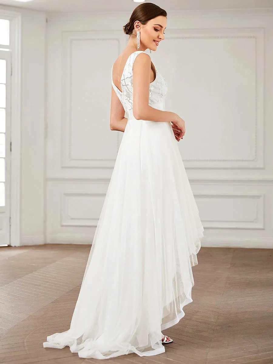 Elegant High-Low Deep V Neck Tulle Evening Dresses with Sequins