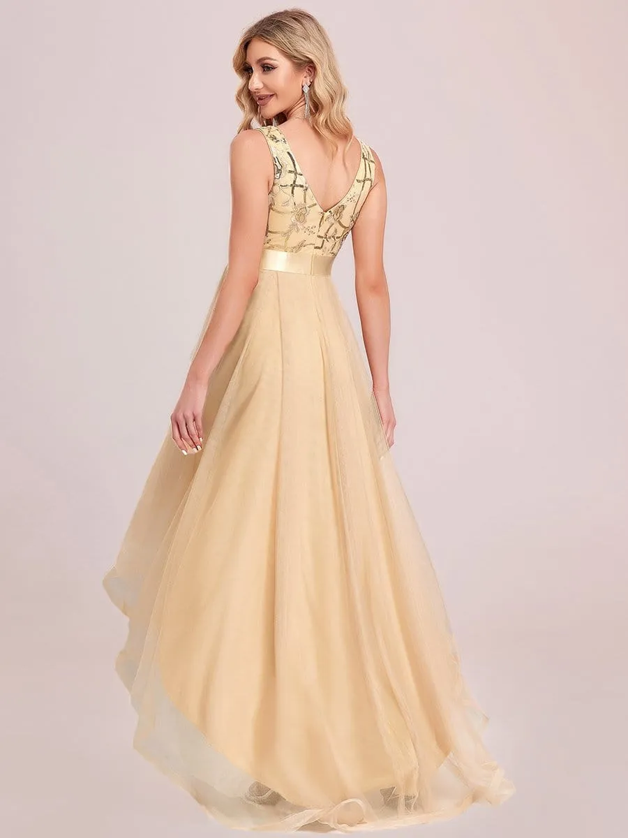 Elegant High-Low Deep V Neck Tulle Evening Dresses with Sequins