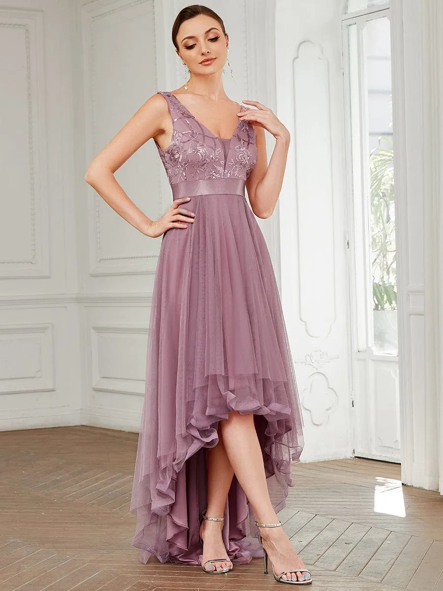 Elegant High-Low Deep V Neck Tulle Evening Dresses with Sequins