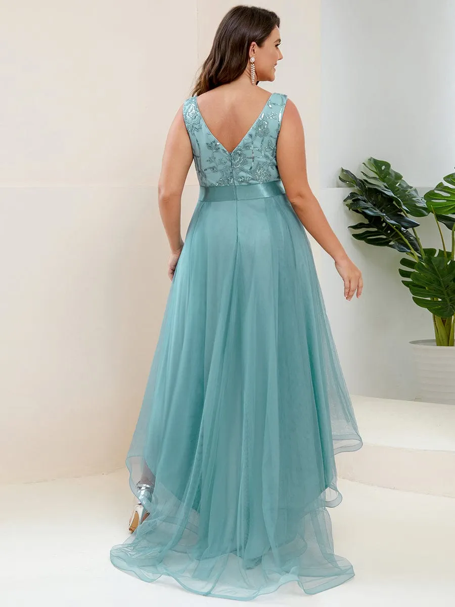 Elegant High-Low Deep V Neck Tulle Evening Dresses with Sequins