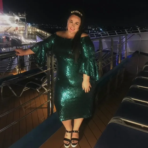 ELOQUII Green Sequin Bell Sleeve Dress