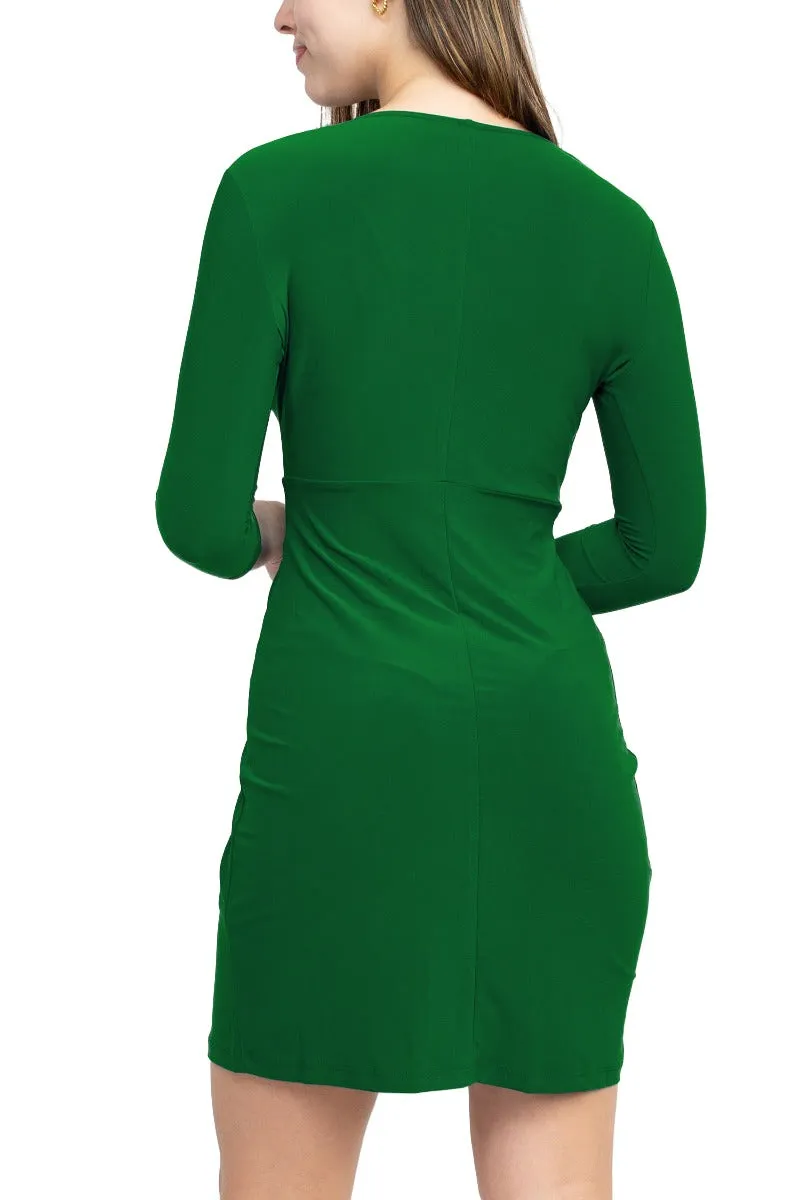 Emma & Michele V-Neck Gathered Front 3/4 Sleeve Solid Jersey Dress
