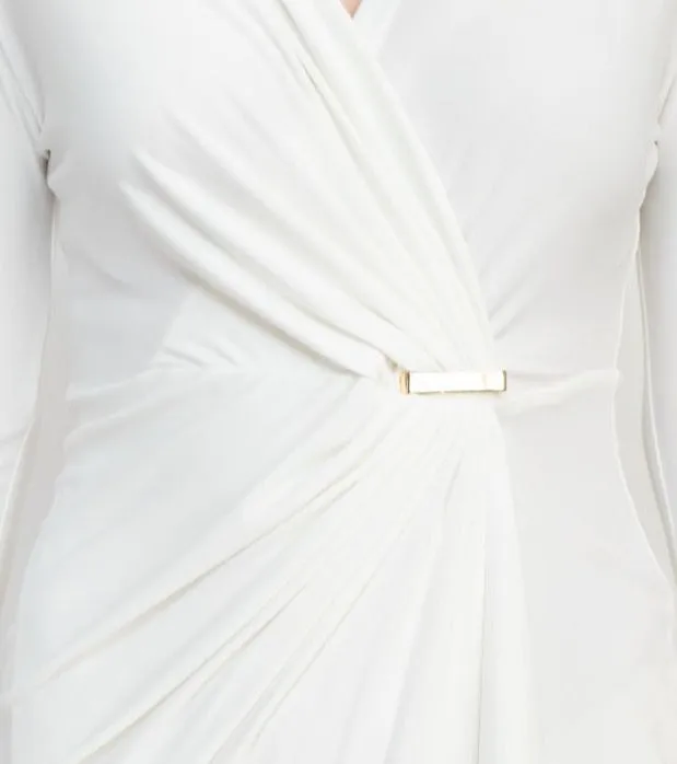 Emma & Michele V-Neck Gathered Front 3/4 Sleeve Solid Jersey Dress