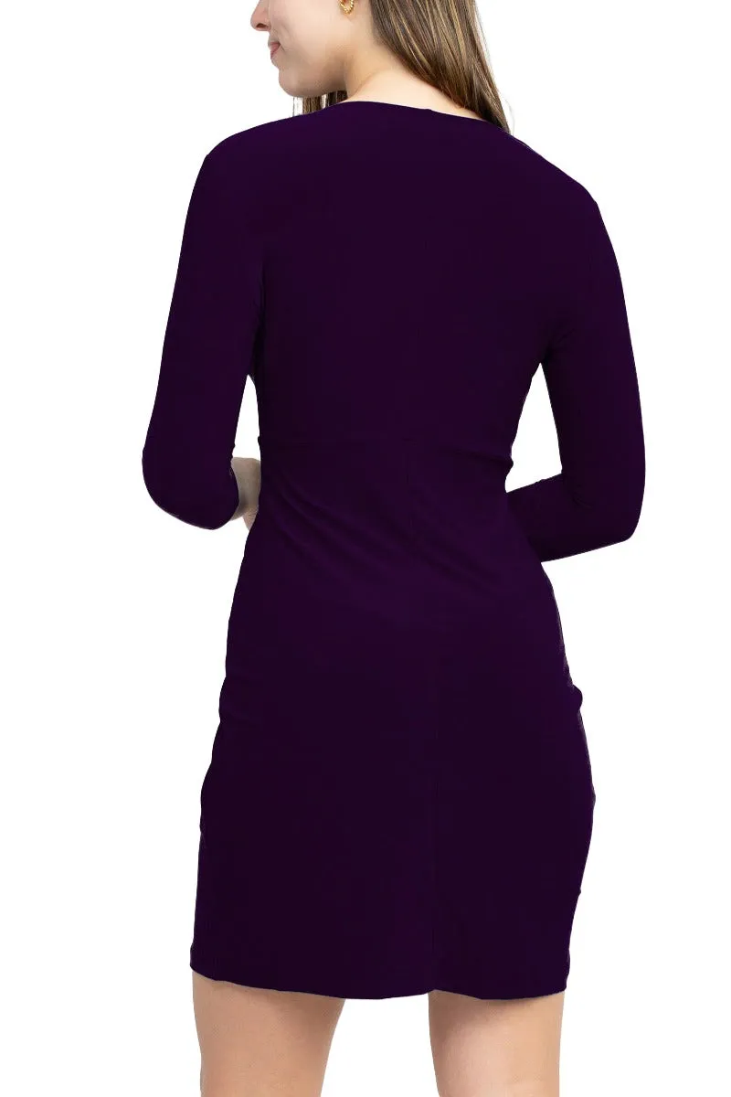 Emma & Michele V-Neck Gathered Front 3/4 Sleeve Solid Jersey Dress