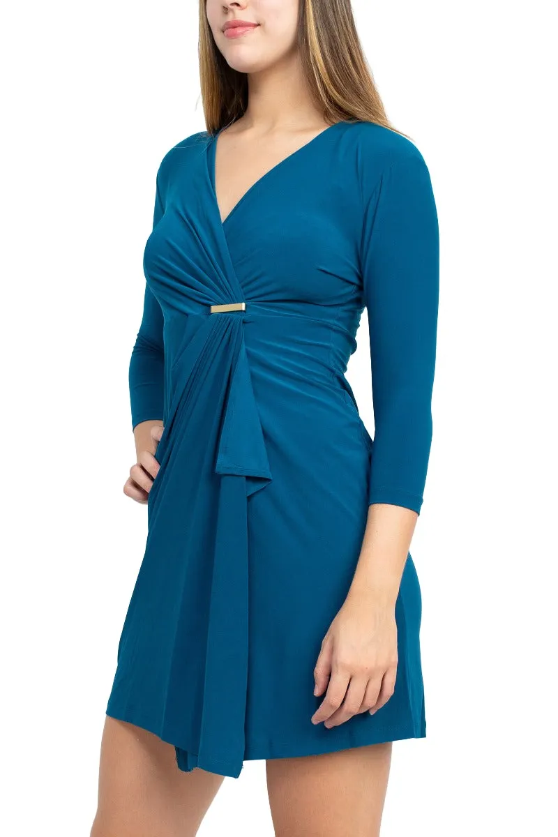 Emma & Michele V-Neck Gathered Front 3/4 Sleeve Solid Jersey Dress
