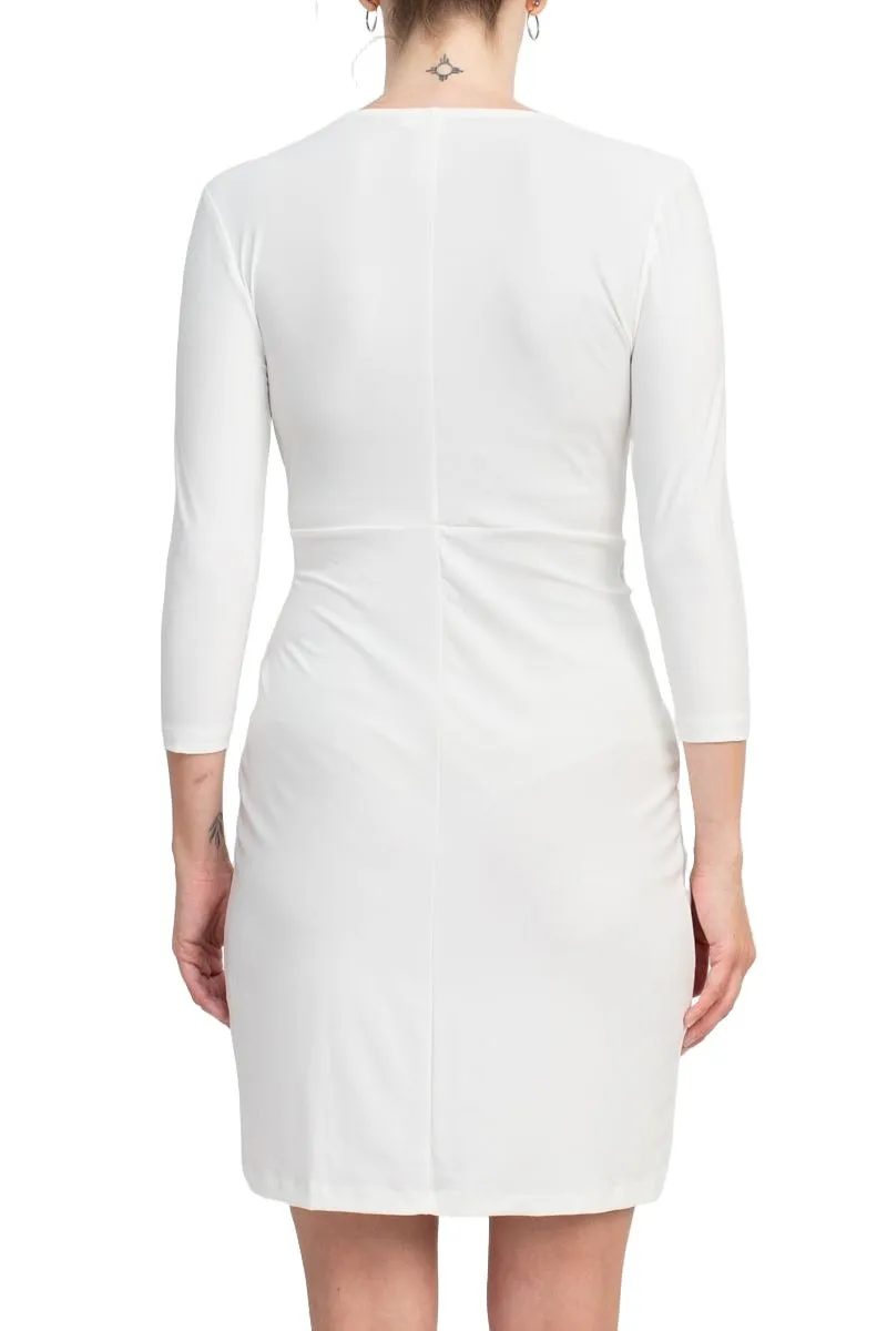 Emma & Michele V-Neck Gathered Front 3/4 Sleeve Solid Jersey Dress