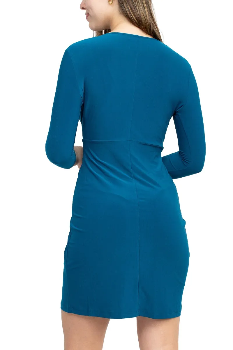 Emma & Michele V-Neck Gathered Front 3/4 Sleeve Solid Jersey Dress